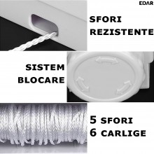 Uscator De Rufe Extensibil EDAR Cu 5 Sfori Si 6 Carlige, Montare Pe Perete, Lungime Maxima 3,75 m, Alb Uscator De Rufe Extensibil EDAR Cu 5 Sfori Si 6 Carlige, Montare Pe Perete, Lungime Maxima 3,75 m, Alb