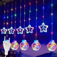 Instalatie De Craciun SIKS, Tip Perdea De Lumini, 5 Globuri Luminoase Si 5 Stelute Cu Led, Cu Diferite Figurine Pentru Craciu...