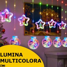 Instalatie De Craciun SIKS, Tip Perdea De Lumini, 5 Globuri Luminoase Si 5 Stelute Cu Led, Cu Diferite Figurine Pentru Craciu...