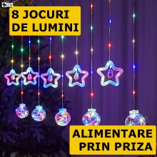 Instalatie De Craciun SIKS, Tip Perdea De Lumini, 5 Globuri Luminoase Si 5 Stelute Cu Led, Cu Diferite Figurine Pentru Craciu...