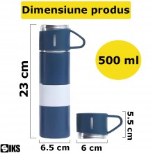 Set Sticla Termos SIKS cu interior din Inox Cu 2 Cani Extra, Cu Perete Dublu, Inchidere Ermetica, Rezistent la Rugina si la S...