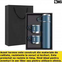 Set Sticla Termos SIKS cu interior din Inox Cu 2 Cani Extra, Cu Perete Dublu, Inchidere Ermetica, Rezistent la Rugina si la S...
