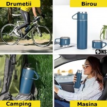 Set Sticla Termos SIKS cu interior din Inox Cu 2 Cani Extra, Cu Perete Dublu, Inchidere Ermetica, Rezistent la Rugina si la S...