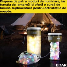 Ghirlanda Luminoasa Camping EDAR, Lanterna LED, Baterie Externa, 15 m Lungime, 4 Moduri de Lumini, RGB, Waterproof, Reincarca...