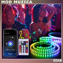 Banda LED Smart EDAR Cu Control Din Aplicatie Telefon Sau Telecomanda, Pentru Interior, Bluetooth, LED 5050 RGB, Adeziva, Tim...
