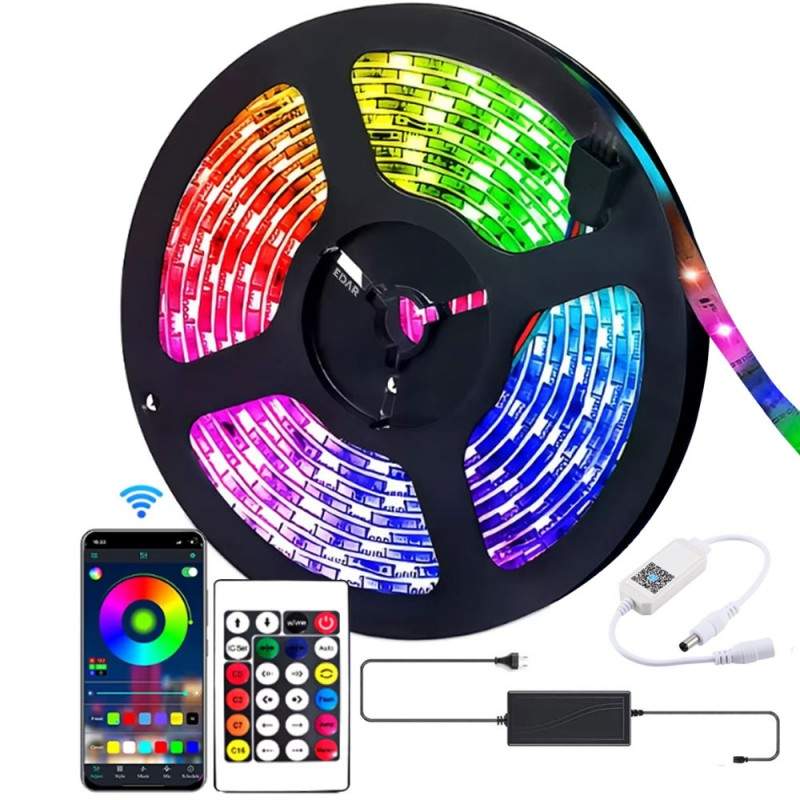 Banda LED Smart EDAR Cu Control Din Aplicatie Telefon Sau Telecomanda, Pentru Interior, Bluetooth, LED 5050 RGB, Adeziva, Tim...