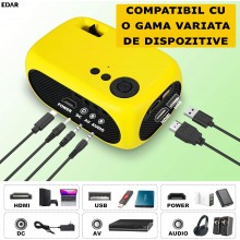 Videoproiector Portabil EDAR, Full HD 1080P, Distanta Maxima Proiectie 2.8 M, LED, Full Color, Porturi HDMI, USB, AV, Galben