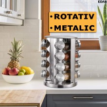 Organizator Condimente EDAR Cu 16 Recipiente Din Sticla, Metalic, Rotativ, Etichete Incluse, Argintiu