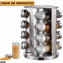 Organizator Condimente EDAR Cu 16 Recipiente Din Sticla, Metalic, Rotativ, Etichete Incluse, Argintiu