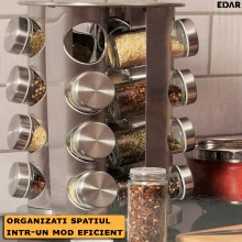Organizator Condimente EDAR Cu 16 Recipiente Din Sticla, Metalic, Rotativ, Etichete Incluse, Argintiu