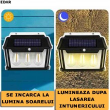 Lampa Solara EDAR de Perete Cu 3 Leduri, Pentru Exterior, Rezistenta la Apa, Senzor De Miscare, Incarcare Solara, 3 Moduri de...