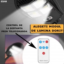 Lampa Solara EDAR pentru Exterior, 120 LED SMD, Panou Solar Integrat, Telecomanda, 3 Moduri de Iluminare, Senzori Miscare, IP...
