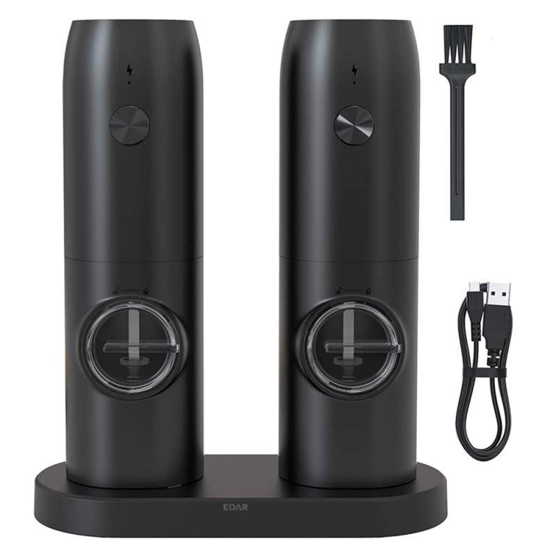 Set 2 x Rasnita Electrica Reincarcabila EDAR Pentru Sare, Piper, Condimente, Nivel Macinare Reglabil, Incarcare USB, Suport I...