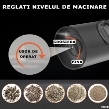 Set 2 x Rasnita Electrica Reincarcabila EDAR Pentru Sare, Piper, Condimente, Nivel Macinare Reglabil, Incarcare USB, Suport I...