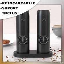 Set 2 x Rasnita Electrica Reincarcabila EDAR Pentru Sare, Piper, Condimente, Nivel Macinare Reglabil, Incarcare USB, Suport I...