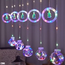 Instalatie De Craciun SIKS, Tip Perdea De Lumini, 5 Globuri Luminoase Si 5 Inele Cu Led, Cu Figurine Tip Braduti De Craciun, ...
