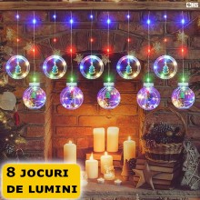 Instalatie De Craciun SIKS, Tip Perdea De Lumini, 5 Globuri Luminoase Si 5 Inele Cu Led, Cu Figurine Tip Braduti De Craciun, ...
