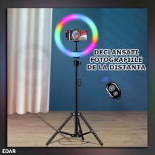 Lampa Circulara Profesionala Led Ring Light RGB EDAR, 10 inch, Telecomanda Selfie Inclusa, Trepied Inclus, Ideala pentru Foto...