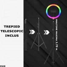 Lampa Circulara Profesionala Led Ring Light RGB EDAR, 10 inch, Telecomanda Selfie Inclusa, Trepied Inclus, Ideala pentru Foto...