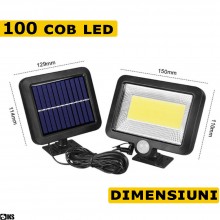 Lampa Solara SIKS Cu Telecomanda 100 COB LED, Cu Senzor De Miscare Si Lumina, Baterie Inclusa 1200 Mah, 260 LM, Cablu 5 M, 3 ...
