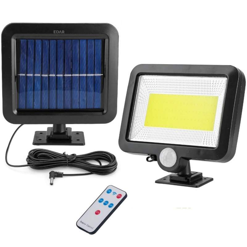 Lampa solara EDAR LED Cu Telecomanda, Panou Solar Ajustabil, 100 LED-uri COB, 3 Moduri De Lumina, Senzor De Miscare Si Amurg,...