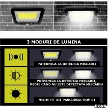 Lampa solara EDAR LED Cu Telecomanda, Panou Solar Ajustabil, 100 LED-uri COB, 3 Moduri De Lumina, Senzor De Miscare Si Amurg,...