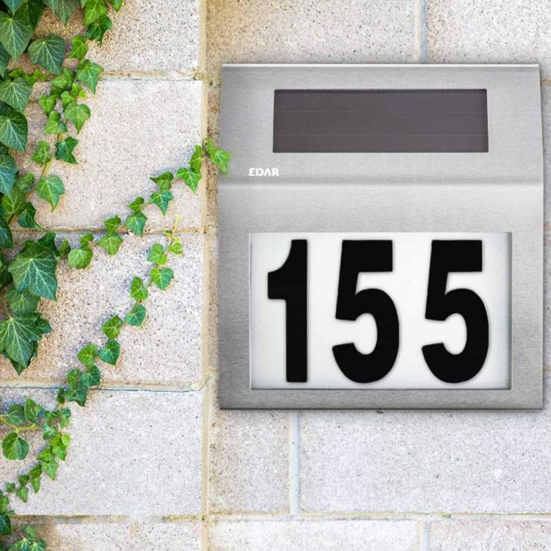Numar De Casa Cu Incarcare Solara EDAR, Din Inox, Lumina Prin LED, Acumulator Reincarcabil, Senzor Amurg, 3 x Numere 0-9, 1 x...