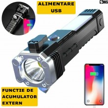 Lanterna LED SIKS, Echipata Cu Ciocan De Siguranta Si Cutter, Magnetica, Incarcare USB, Acumulator, 300 lm, Rezistenta La Umi...