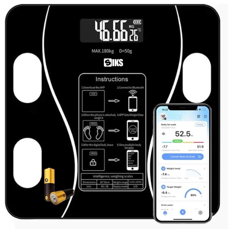 Cantar Electronic Inteligent De Baie SIKS Cu Aplicatie Smart, Corporal, Ecran Digital Iluminat, Termometru, Suporta Maxim 180...