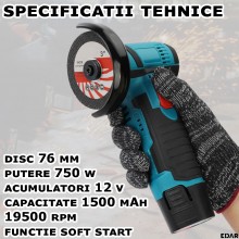 Polizor Unghiular Fara Fir EDAR Cu 2 Acumulatori 12V Reincarcabili Inclusi, 6 Discuri 76 MM Incluse, Design Compact Si Ergono... Polizor Unghiular Fara Fir EDAR Cu 2 Acumulatori 12V Reincarcabili Inclusi, 6 Discuri 76 MM Incluse, Design Compact Si Ergono...