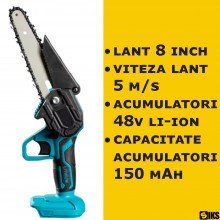 Mini Drujba SIKS Mini Fierastrau Electric, Portabil, De 8 inch, 2 Acumulatori 48V Li-ion, 1500 mAh, 2 Lanturi De 8 inch, Moto...