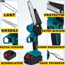 Mini Drujba SIKS Mini Fierastrau Electric, Portabil, De 8 inch, 2 Acumulatori 48V Li-ion, 1500 mAh, 2 Lanturi De 8 inch, Moto...