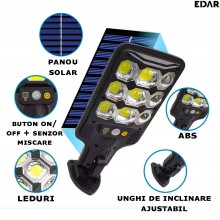 Lampa Solara De Exterior EDAR Model HS8037B, Pentru Casa/Gradina/Terasa, 63 Led COB, Lumina Neutra, Senzori De Miscare, Rezis...