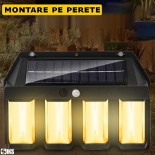 Lampa De Perete LED SIKS Cu Senzor De Miscare Pentru Exterior, Incarcare Solara, 3 Moduri De Iluminare, 4 Lampi De Lumina, Il...