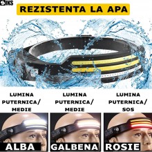 Lanterna De Cap LED SIKS, Cu 3 Benzi, Profesionala, Incarcare USB, 8 Moduri Lumina Inclusiv Mod Culoare Rosie, Reglare Insens...