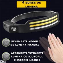 Lanterna De Cap LED SIKS, Cu 3 Benzi, Profesionala, Incarcare USB, 8 Moduri Lumina Inclusiv Mod Culoare Rosie, Reglare Insens...