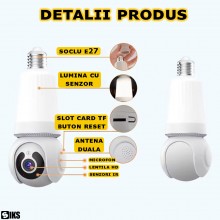 Camera De Supraveghere SIKS Cu Montare In Dulie E27 Sau Normal, Cu Bec Inclus, 3MP, HD, Detectare Persoane, Infrarosu, Rotire...