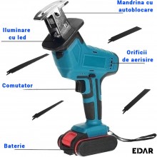Fierăstrău Pendular EDAR Cu Acumulator, Albastru, 3000 RPM, Include 5 Panze De Tăiere, 100 mm Adâncime De Tăiere, Lumina LED ...