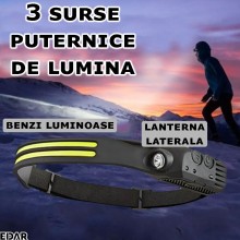 Lanterna frontala LED EDAR, Model W689-2, Pentru Cap, Profesionala, 3 Surse De Iluminare, Alimentare USB, 6 Moduri Lumina, Pe...