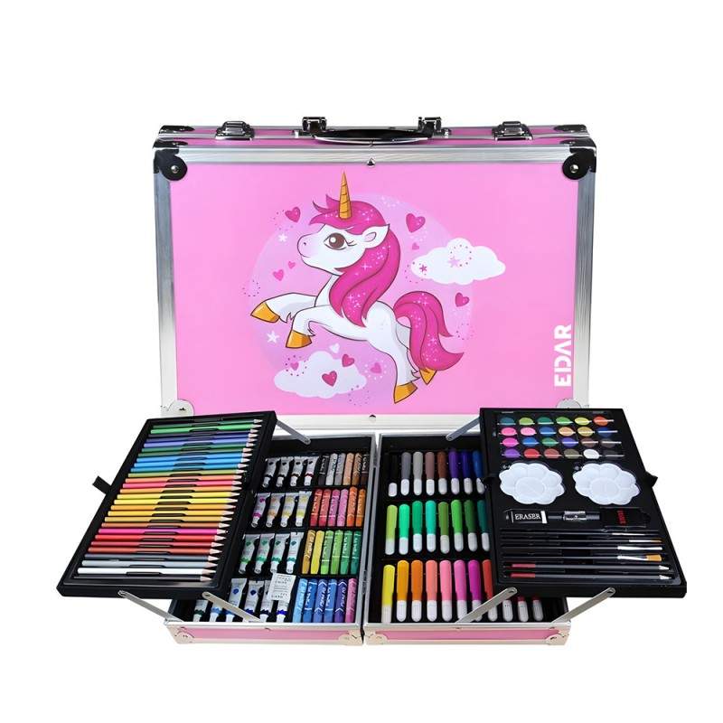 Set EDAR De Pictura Si Desen, Trusa Creativa, 145 De Piese, Pentru Copii, Tip Valiza, Model Unicorn, Roz