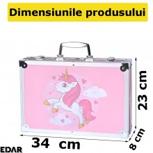 Set EDAR De Pictura Si Desen, Trusa Creativa, 145 De Piese, Pentru Copii, Tip Valiza, Model Unicorn, Roz