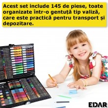 Set EDAR De Pictura Si Desen, Trusa Creativa, 145 De Piese, Pentru Copii, Tip Valiza, Model Unicorn, Roz