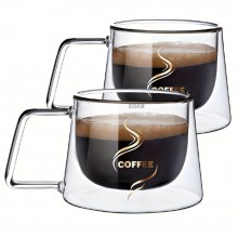Set 2 Cani Din Sticla Termorezistenta EDAR, Cu Pereti Dubli, Mentine Bauturile Calde Sau Reci, Model Coffee, Pentru Cafea, Ca...