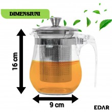 Ceainic EDAR Din Sticlă Borosilicată Cu Infuzor Din Inox, 750ml, Rezistent La Căldură Si Antiexplozie, Ușor De Curățat, Desig...