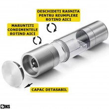 Rasnita Manuala SIKS Pentru Sare Si Piper, 2 In 1, Cu Camere Depozitare Transparente, Maruntire Reglabila, Inox Si Acryl, 22 ...
