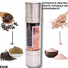 Rasnita Manuala Cu Doua Compartimente EDAR, Pentru Sare, Piper, Condimente, Nivel Macinare Reglabil, Din Inox, 22 x 5.2 Cm, A...