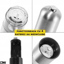 Rasnita Electrica SIKS Pentru Sare/Piper, Rasnita Condimente, Cu Led, 4 Baterii AA (Neincluse), Inox, 22x5 cm, Argintie