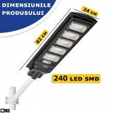 Lampa Solara Stradala Sau Gradina SIKS Cu Panou Solar Incorporat, Felinar Stradal De Exterior, 200W, 240 LED SMD, Lumina Neut...