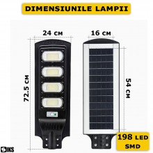 Lampa Solara Stradala Sau Gradina SIKS Cu Panou Solar Incorporat, De Exterior, 198 LED SMD, Lumina Neutra, Control Telecomand...