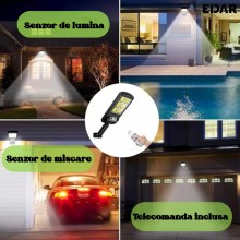 Lampa Solara EDAR Cu Panou Solar Incorporat, Pentru Gradina, Alee, Intrare Casa, 120 Led Cob, Lumina Neutra, Control Telecoma...